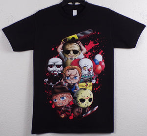 New "Chibi Horror Collage" Unisex Silkscreen T-Shirt. Available From Small-3XL.