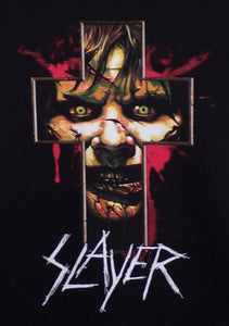 New "Slayer - Cross With Exorcist Girl" Unisex Silkscreen T-Shirt. Available From Small-3XL.