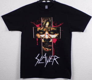 New "Slayer - Cross With Exorcist Girl" Unisex Silkscreen T-Shirt. Available From Small-3XL.