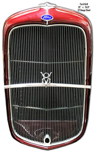 "1932 Ford Grill Laser Cut-Out Hot Rod Sign in Blue Blood Red, showcasing intricate detailing and classic design. - Laser Cut Out