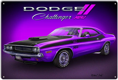 Illustration of a 1970 Purple Dodge Challenger on a metal sign, designed by Michael Fishel, featuring bold purple and black detailing with Dodge and Challenger logos.