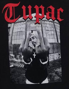 New "Tupac With Red Letters Double Middle Finger" Unisex Silkscreen T-Shirt. Available From Small-3XL.