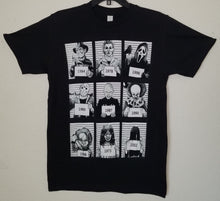 Load image into Gallery viewer, &quot;9 Most Wanted Mugshots&quot; Horror Unisex T-Shirt featuring black and white mugshots of iconic horror characters: Freddy Krueger, Michael Myers, Ghostface, Jason Voorhees, Pinhead, Pennywise, Chucky, Regan from The Exorcist, and Samara from The Ring. Each character is labeled with their debut year.










