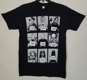 "9 Most Wanted Mugshots" Horror Unisex T-Shirt featuring black and white mugshots of iconic horror characters: Freddy Krueger, Michael Myers, Ghostface, Jason Voorhees, Pinhead, Pennywise, Chucky, Regan from The Exorcist, and Samara from The Ring. Each character is labeled with their debut year.









