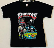 Load image into Gallery viewer, New &quot;Slashers Mystery Machine&quot; Youth Horror Silkscreen T-Shirt. Available In XS-XL Youth.
