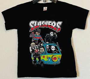 New "Slashers Mystery Machine" Youth Horror Silkscreen T-Shirt. Available In XS-XL Youth.