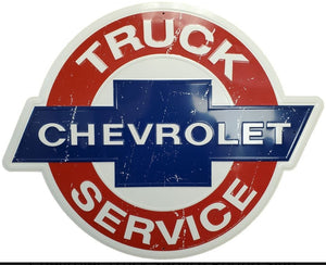 New "Chevrolet Truck Service" Embossed Aluminum Die Cut Sign. 12" Round In Diameter.