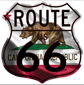 New "Route 66 California Flag" Die Cut Embossed Aluminum Signs. 12"Tall x 12"Wide In Diameter.