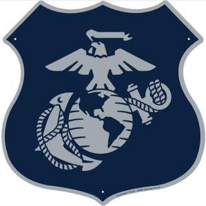 New "Marines Silver Shield" Die Cut Embossed Aluminum Signs. 12"Tall x 12"Wide In Diameter.