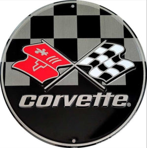 New "Corvette C3 Stingray Flag 1968 - 1982" Embossed Aluminum Die Cut Sign 12" Round In Diameter.