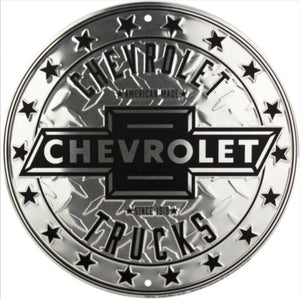 New "Chevrolet Trucks" Large Embossed Aluminum Die Cut Sign. 24" Round In Diameter.