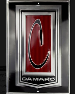 New "Chevy Camaro" Logo Large Embossed Aluminum Die Cut Sign Parking Sign 12"Wide x 16"Tall In Diameter.