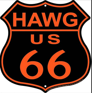 New "US Route 66 Hawg" Shield Die Cut Embossed Aluminum Signs. 12"Tall x 12"Wide In Diameter.