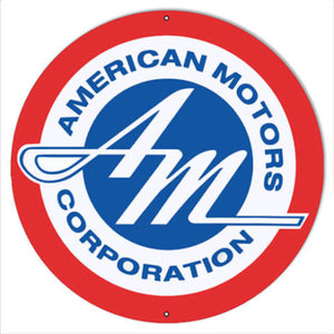 New American Motors Corporation Garage Sign, round 22-gauge steel sign featuring a clean design, available in sizes 14”, 18”, 24”, and 30” for contemporary garage or man cave decor.