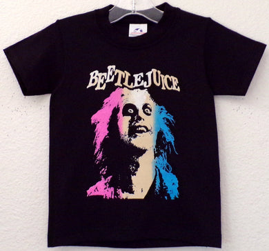 Black youth silkscreen T-shirt featuring Beetlejuice's face in vibrant pink and blue design, available in sizes XS to XL from JB Accessories05.