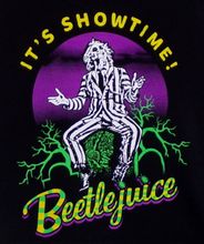 Load image into Gallery viewer, Youth-sized Beetlejuice – It&#39;s Showtime! T-shirt featuring a bold silkscreen graphic of Beetlejuice in his iconic striped suit, with the phrase &#39;It’s Showtime!&#39; printed underneath. Available in sizes XS - XL, perfect for young fans of the cult classic film.
