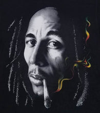 Load image into Gallery viewer, bob marley smoking joint unisex silkscreen t-shirt available from small-3xl adult apparel music reggae 420 shirts tops
