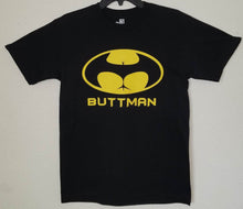 Load image into Gallery viewer, &quot;Buttman&quot; men&#39;s silkscreen parody t-shirt featuring a humorous twist on the Batman logo, available in sizes Small-2XL.
