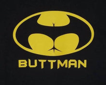 Load image into Gallery viewer, &quot;Buttman&quot; men&#39;s silkscreen parody t-shirt featuring a humorous twist on the Batman logo, available in sizes Small-2XL.
