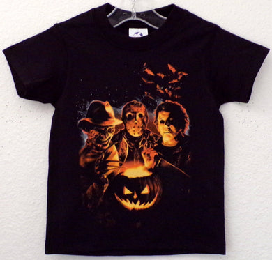 black youth silkscreen T-shirt featuring campfire trio michael, freddy, & jason in vibrant orange design, available in sizes XS to XL from JB Accessories05