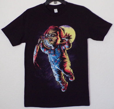 ’Chucky Jumping With Knife’ Adult Silkscreen T-Shirt. Available From Small-3XL. - Unisex Short Sleeve Shirt