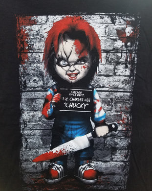 chucky mugshot adult  silkscreen horror t-shirt available from small-3xl movies horror adult apparel shirts tops