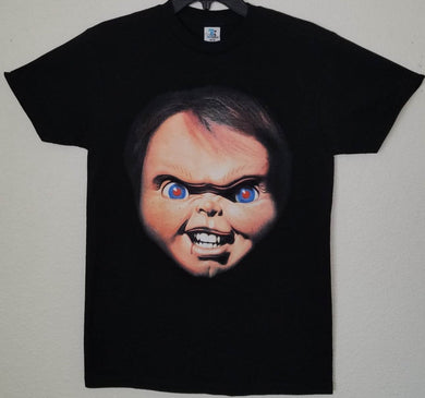 chuckys face up close adult horror silkscreen t-shirt available from small-3xl horror unisex apparel shirts tops adult movies