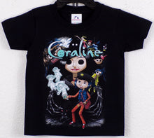 Load image into Gallery viewer, Youth t-shirt featuring Coraline Jones with a collage of other iconic characters from the Coraline movie, showcasing the film&#39;s eerie and adventurous atmosphere. Made of 100% cotton for a soft, comfortable fit.
