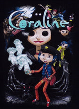 Load image into Gallery viewer, Youth t-shirt featuring Coraline Jones with a collage of other iconic characters from the Coraline movie, showcasing the film&#39;s eerie and adventurous atmosphere. Made of 100% cotton for a soft, comfortable fit.
