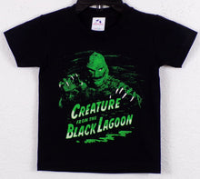 Load image into Gallery viewer, Creature of the Black Lagoon Youth T-Shirt – Black short-sleeve tee with a high-quality silkscreen print of the Gill-man from the classic horror film. Available in sizes XS-XL.
