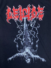 Load image into Gallery viewer, A black Deicide band T-shirt featuring a bold, high-quality silkscreen print of the legendary death metal band&#39;s artwork. The unisex tee is made from 100% premium cotton, offering a soft yet durable fit, perfect for concerts, moshing, or everyday wear. Available in sizes Small - 2XL.
