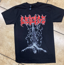 Load image into Gallery viewer, A black Deicide band T-shirt featuring a bold, high-quality silkscreen print of the legendary death metal band&#39;s artwork. The unisex tee is made from 100% premium cotton, offering a soft yet durable fit, perfect for concerts, moshing, or everyday wear. Available in sizes Small - 2XL.
