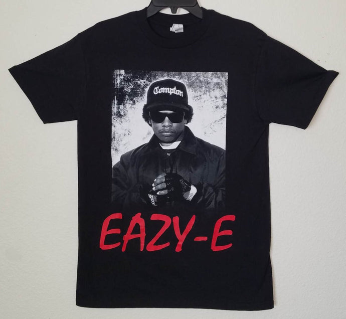 eazy-e with red letters adult silkscreen t-shirt available from small-3xl unisex rap music nwa hip hop music movie apparel shirts tops