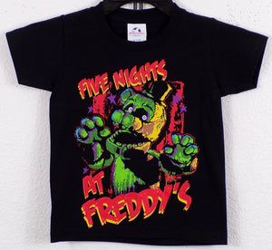 Youth T-shirt featuring Shamrock Freddy from Five Nights at Freddy’s, with a glowing green design, eerie golden eyes, and a festive shamrock hat. Available in XS-XL