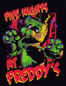 Youth T-shirt featuring Shamrock Freddy from Five Nights at Freddy’s, with a glowing green design, eerie golden eyes, and a festive shamrock hat. Available in XS-XL