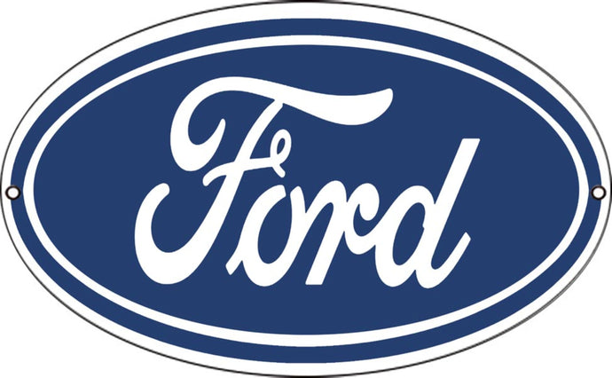 Ford Oval Iconic Logo Sign made of durable 24-gauge steel, measuring 11 inches high by 18 inches wide. The classic oval design features the legendary Ford logo, perfect for automotive decor in garages, man caves, or homes.