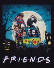 Load image into Gallery viewer, Unisex F R I E N D S Horror Mystery Machine T-shirt featuring slasher icons Freddy Krueger, Pennywise IT, Jason Voorhees, Leatherface, Chucky, Ghostface, and Michael Myers in a dynamic design.
