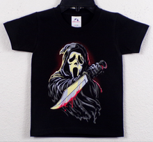 Load image into Gallery viewer, Ghostface Bloody Knife Youth Unisex Horror T-Shirt – Features a chilling Ghostface design with a bloodied knife, printed on a soft, black cotton tee. Available in youth sizes XS-XL.
