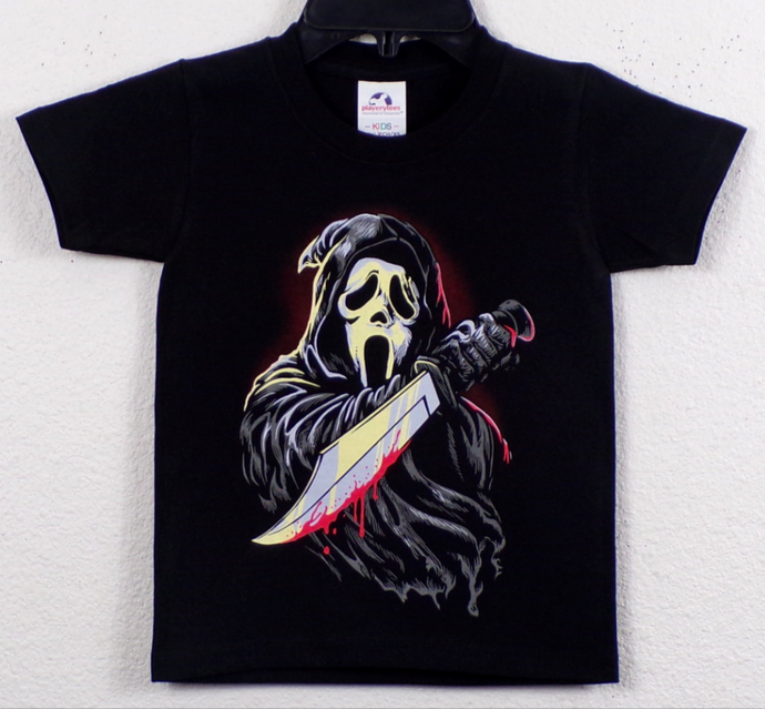 Ghostface Bloody Knife Youth Unisex Horror T-Shirt – Features a chilling Ghostface design with a bloodied knife, printed on a soft, black cotton tee. Available in youth sizes XS-XL.