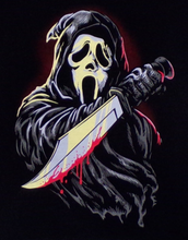 Load image into Gallery viewer, Ghostface Bloody Knife Youth Unisex Horror T-Shirt – Features a chilling Ghostface design with a bloodied knife, printed on a soft, black cotton tee. Available in youth sizes XS-XL.
