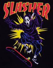 Load image into Gallery viewer, Ghostface Slasher Kickflip&quot; Youth Horror T-Shirt – A high-quality silkscreen print of Ghostface performing a kickflip on a skateboard, blending horror and skate culture. Printed on a soft, lightweight black cotton tee. Available in XS-XL
