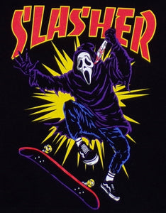 Ghostface Slasher Kickflip" Youth Horror T-Shirt – A high-quality silkscreen print of Ghostface performing a kickflip on a skateboard, blending horror and skate culture. Printed on a soft, lightweight black cotton tee. Available in XS-XL