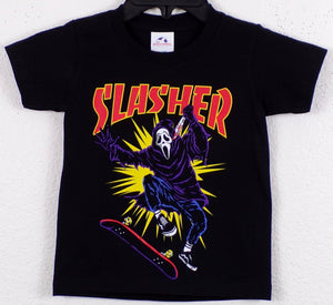 Ghostface Slasher Kickflip" Youth Horror T-Shirt – A high-quality silkscreen print of Ghostface performing a kickflip on a skateboard, blending horror and skate culture. Printed on a soft, lightweight black cotton tee. Available in XS-XL