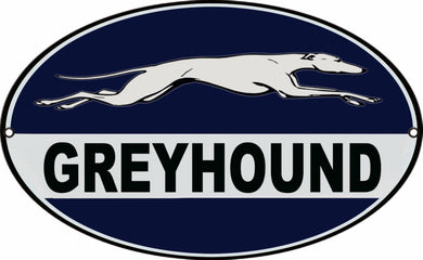 Stylish Greyhound Bus Station Oval Sign with bold colors, ideal for vintage decor enthusiasts. Available in 9