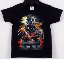 Load image into Gallery viewer, Michael Myers from the Halloween series, featuring his iconic mask and a sinister expression. The design is bold and striking, with red tones that stand out against the dark background. Perfect for horror fans, this youth-sized shirt combines spookiness and style. Available in XS-XL
