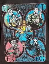 Load image into Gallery viewer, A parody T-shirt featuring the &quot;Horror 5 Guy Slasher Team&quot; design, showcasing Michael Myers, Leatherface, Jason Voorhees, Ghostface, and Freddy Krueger in a fun, mashup style. The unisex shirt is made from soft 100% cotton, with a relaxed fit and durable, preshrunk fabric. Available in sizes Small-2XL.
