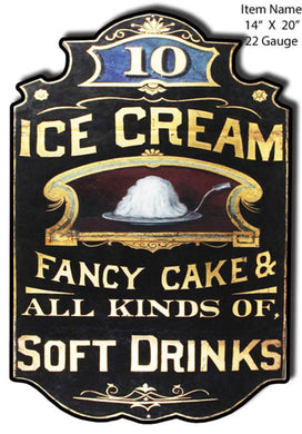 Vintage-style ice cream laser cut metal sign, 14x20 inches, featuring rustic country decor with 'Fancy Cake' and 'Soft Drinks' lettering