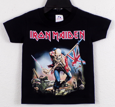 Iron Maiden 'The Trooper' Youth Silkscreen T-Shirt featuring vibrant artwork of Eddie, the band’s mascot, holding a British flag. The shirt is black, made from 100% cotton. Available in XS-XL