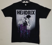 Load image into Gallery viewer, jimi hendrix playing guitar purple drip unisex silkscreen t-shirt available from small-3xl adult purple haze classic rock apparel adult shirts tops
