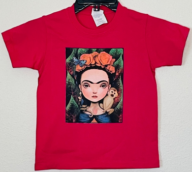 Kid Frida Kahlo with Monkey. A bright design showcasing a bold and artistic style. Available in sizes XS-XL youth from JB Accessories05                